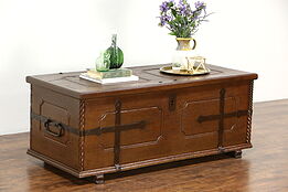 Swedish Oak 1850 Antique Trunk or Coffee Table, Wrought Iron Mounts