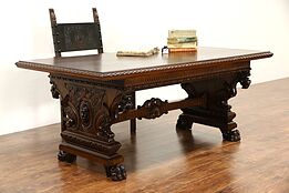 Italian Antique 1900 Dining or Library Table, Writing Desk, Carved Lions