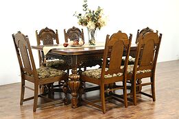 English Tudor Antique Carved Oak Dining Set, Table, 2 Leaves, 6 Chairs #28880