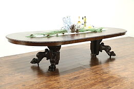 Oak 1900 Antique 5' Round Dining Table, 6 Leaves, Carved Lion Paw 11' Long