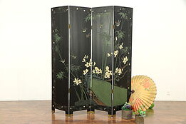 Chinese 4 Panel Silver Leaf Coromandel Carved Lacquer Vintage Screen #30090