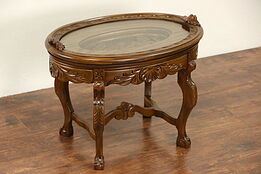 Carved 1930's Vintage Coffee Table, Glass Tray Top
