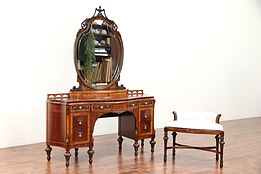 Curved Antique Tall Vanity, Mirror & Chair, Rosewood, Banding & Carving #29714