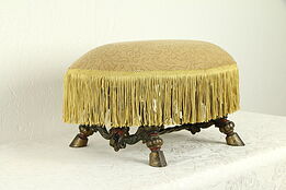Iron Antique Footstool, Hand Painted Faces, New Upholstery #31629