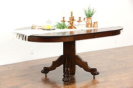 Oak 1900 Antique 42" Round Dining Table, 2 Leaves, Carved Lion Paw Feet