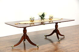 Double Pedestal Solid Mahogany 1900 Antique Dining Table & Leaf, England