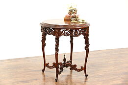 Carved 1920 Antique Center or Lamp Table, Rosewood Sunburst & Marquetry