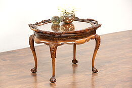 Carved Fruitwood 1930's Vintage Coffee Table, Glass Tray Top