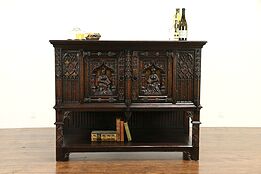 Gothic Antique Carved Oak Cabinet or TV Console, Reading Sculptures #31757