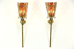 Pair of Vintage Brass Wall Sconces or Torcheres, Mica Shades
