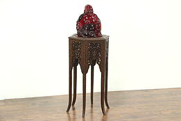 Teak Hexagonal Antique Anglo Indian Table, Plant Stand, Pedestal, Carved Birds,