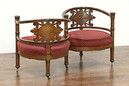 Tete a Tete Antique 1895 Oak S Shape Double Chair Sofa, Recent Upholstery