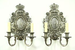 Pair 1920 Antique Cherub Sconce Lights, Smokey Mirror, Signed Sterling Bronze NY