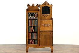 Victorian Oak Antique Side by Side Secretary Desk Bookcase, Beveled Mirror