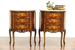 Pair Marble Top Marquetry Vintage Demilune End Tables or Nightstands