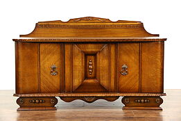 Art Deco 1930 Vintage Carved Oak TV or Hall Console or Cabinet, Italy