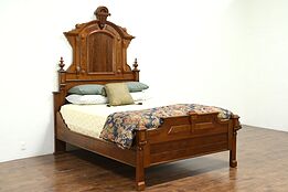 Victorian Renaissance Antique 1870 Carved Walnut & Burl Queen Size Bed