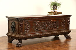 Italian Cassone 1700's Antique Dowry Chest or Trunk, Carved Figures & Paw Feet