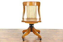 Oak 1910 Antique Swivel Adjustable Desk Chair, Signed Sheboygan, WI