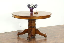 Round Oak 48" Antique 1900 Dining Table, 2 Leaves, Lion Paw Feet