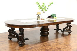 Oak Griffin Carved 1900 Antique Dining Table, 7 Leaves, Extends 12' Berkey & Gay