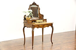 French Antique Carved Walnut Desk, Vanity or Dressing Table, Beveled Mirror
