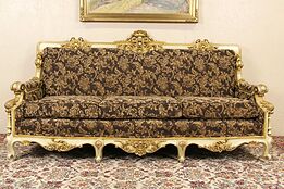 Carved Italian Baroque Vintage Gold & Hand Painted Sofa, New Upholstery