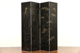 Black Lacquer Hand Painted Vintage 4 Panel Screen