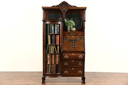 Victorian Carved Oak 1900 Antique Secretary Desk & Bookcase, Beveled Mirrors