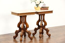 Pair Victorian Style Vintage Marble Top Carved Walnut End Tables