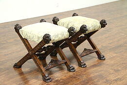 Pair of Vintage Carved Panther Head & Paw Stools or Benches, New Upholstery