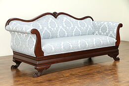 Empire Antique 1840 Mahogany Sofa, Carved Lion Paw Feet, New Upholstery #30844
