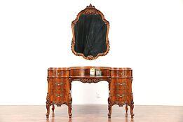 French Style Antique Carved Vanity or Dressing Table & Wall Mirror #29580