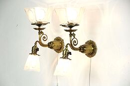 Brass Pair of Antique Wall Sconce Lights, Gas & Electric, Etched Shades