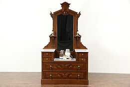 Victorian 1870 Antique Walnut Chest or Dresser, Marble Tops & Mirror