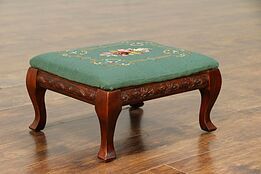 Maple Vintage Carved Footstool, Needlepoint Upholstery #30534