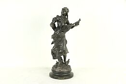 La Poesie or Poetry, Antique French Statue, Young Woman & Mandolin #31635