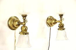 Pair of Antique Brass 1890's Gas Wall Sconce Lights, Electrified