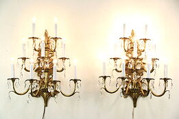 Pair of Brass 9 Candle Brass & Crystal Prism Wall Sconce Lights