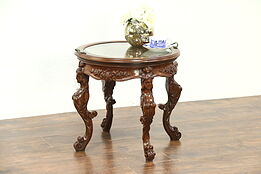 Chairside or Coffee Table, 1930 Vintage Walnut Carved Figures, Glass Tray
