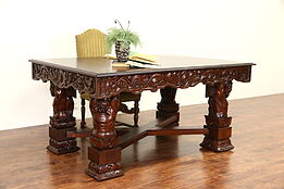 Italian Renaissance Carved 1900 Antique Writing Desk, Dining or Library Table