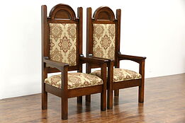 Pair 1900 Antique Oak Hall or Throne Chairs, New Upholstery, Exorcist TV Props