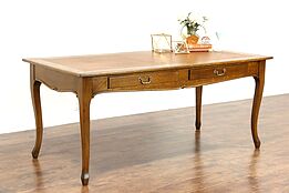 Oak 1900 Antique 6' Library Table or Writing Desk, Leather Top, 2 Drawers