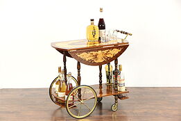 Italian Rosewood Marquetry and Brass Dropleaf Bar or Tea Cart, Vintage