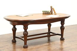 Oval Antique Aesthetic Library Conference Table Writing Desk, Leather Top #28752