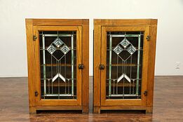 Pair Oak Antique Architectural Salvage Bookcases, Leaded Stained Glass #30087