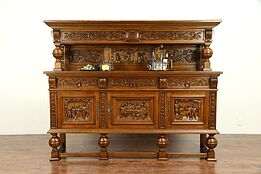 Oak Danish Antique Sideboard or Back Bar Cabinet, Hand Carved Scenes #30478