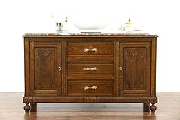 Oak Carved Antique 1915 Sideboard, Server, Bar or Buffet, Marble Top Sink Vanity