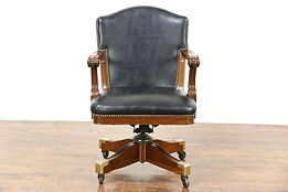 Walnut Swivel Adjustable 1915 Antique Desk Chair, Faux Leather