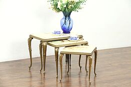 Set of 3 Vintage Brass Nesting Tables, Onyx Tops, Italy #28731